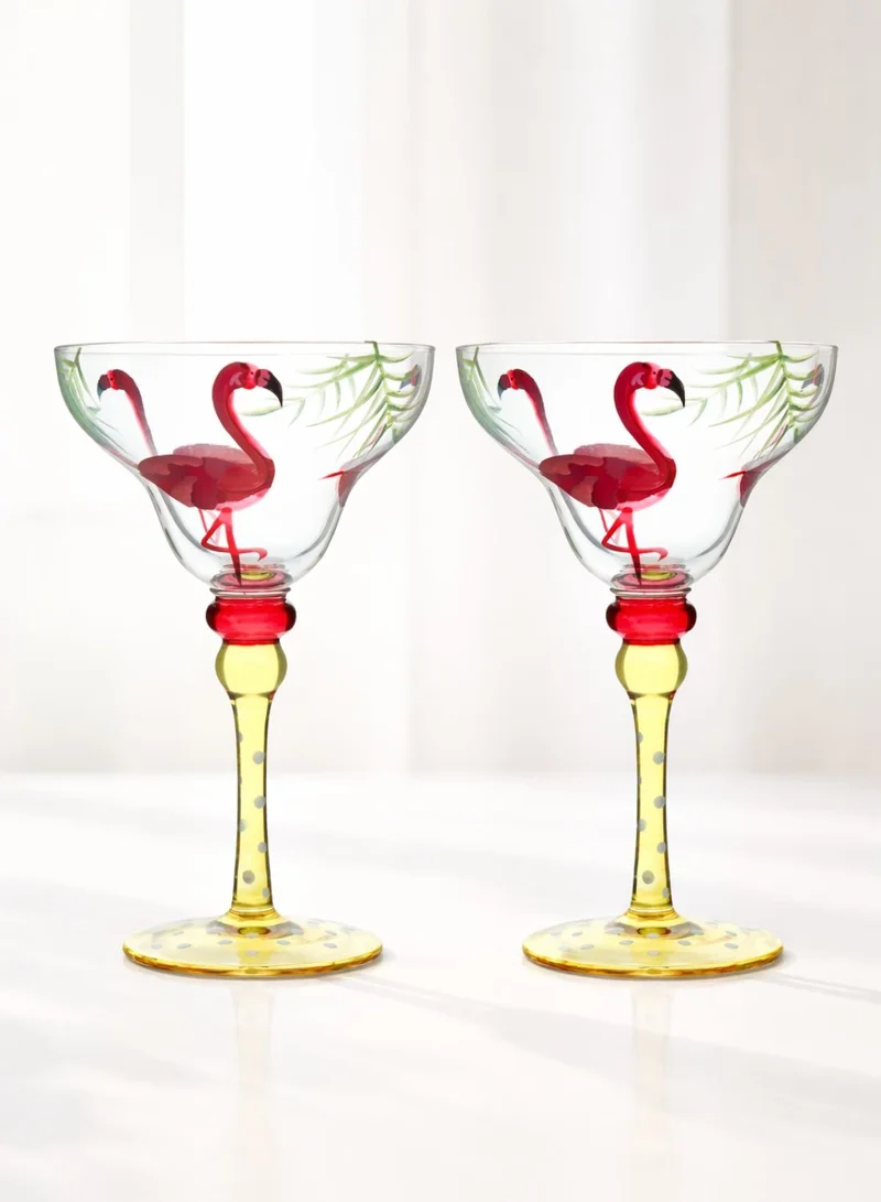 1Chase Clear Hand Painted Margarita Glasses Moroccan Collection, Flamingo Design 270ML Set of 2, Artisan Decorative Cocktail Glassware, Unique Kitchen Table Décor Glasses  | Best Price UAE